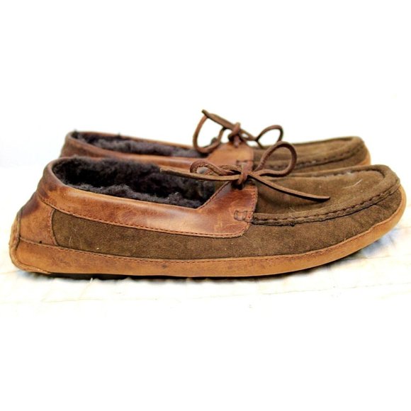 Ugg House Slippers Boat Style Sherpa Fur Lined Mens Rubber Soles sz 8 Brown - Picture 6 of 11
